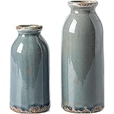 VICTOR & TERESA Blue and Grey Ceramic Vase Home Decor, Farmhouse Vases for Flowers, Flower Vase Set of 2, Rustic Decorative Vases for Pampas Grass, Table, Living Room, Shelf, Centerpieces, 8 inch