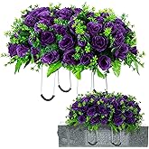 Kukooka Artificial Cemetery Flowers Saddle for Headstone, Memorial Grave Flowers for Cemetery Outdoor Gravesite Tombstone Headstone Decorations (Purple)