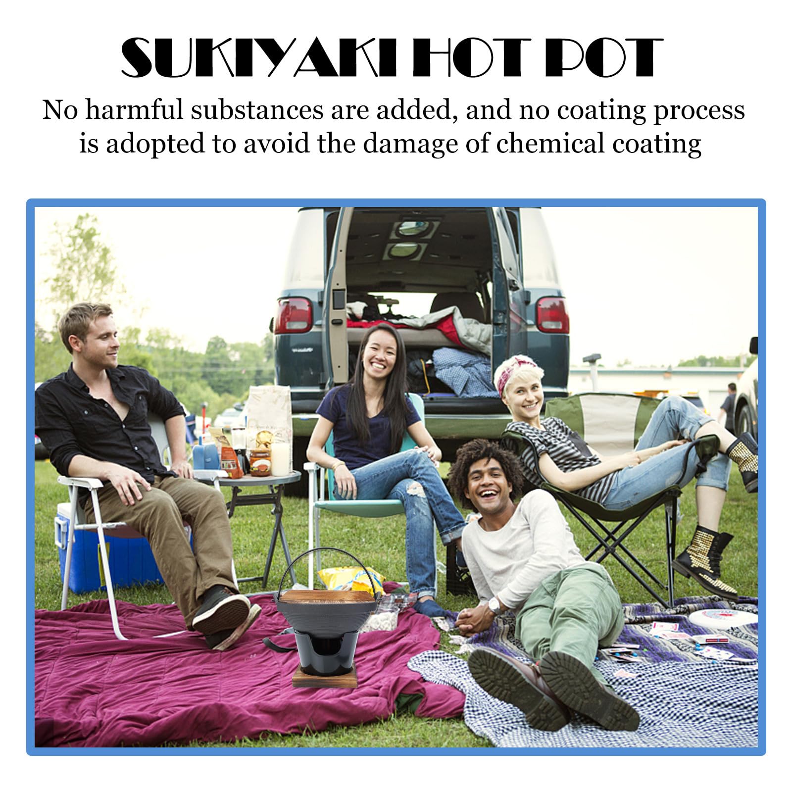 Lurrose Sukiyaki Camping Kochgeschirr Satz aus Gusseisen mit Energiesparender Wärmespeicherung und Ölnebelschutz Praktischer Topf für Picknicks und Outdoor Aktivitäten 7