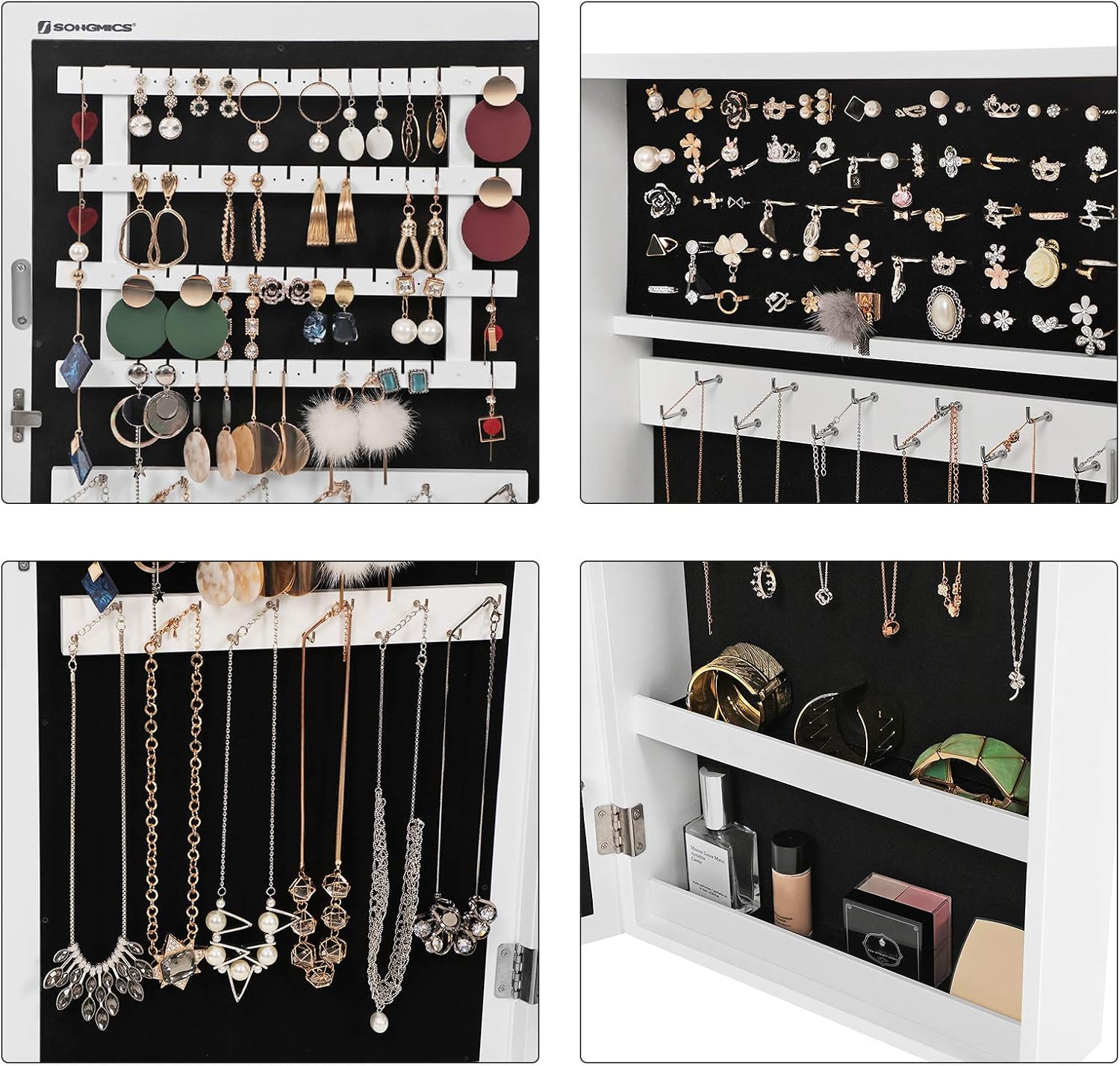 SONGMICS White Mirrored Lockable Jewellery Cabinet, Wall Mount Jewellery Organiser, Gift Idea JBC51W, White + Black, 29 x 59 cm (D x H) - Image 5