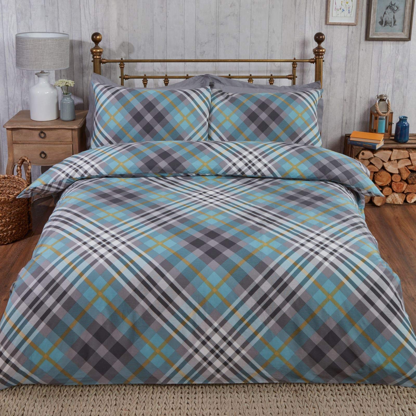 Rapport Tartan Brushed Cotton Single Duvet Cover Set - Duck Egg, TARTAN-SING-DEGG