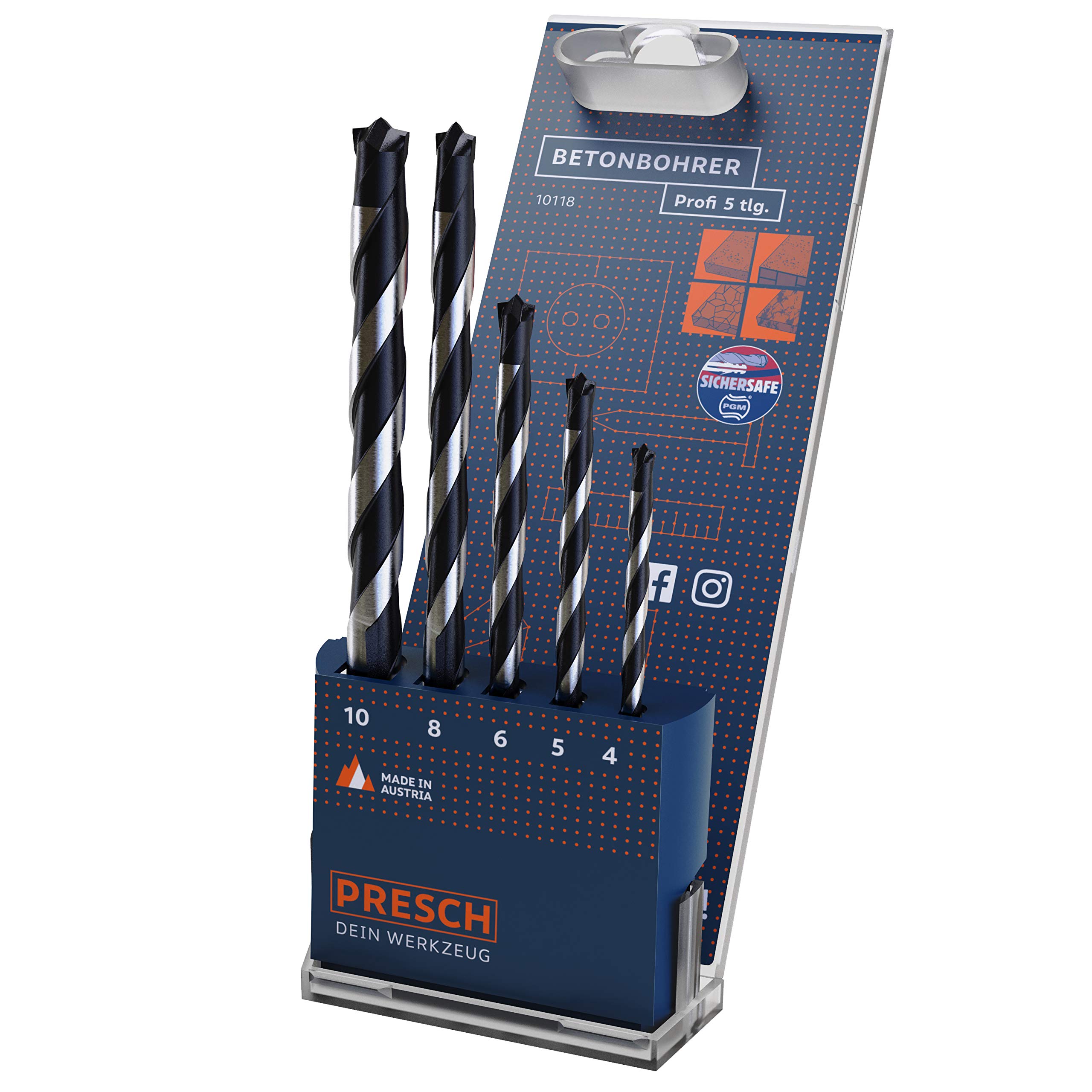 Presch Concrete Drill Bit Set 5 pcs - Ø 4-10mm Masonry Drill Bits with Cylinder Shaft for Concrete, Masonry, Bricks and Marble