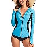 SANTINY Women's Rash Guard Zipper Pockets UPF50+ Sun Protection Long Sleeve Swimsuit Top Zip Front Swim Shirt for Women