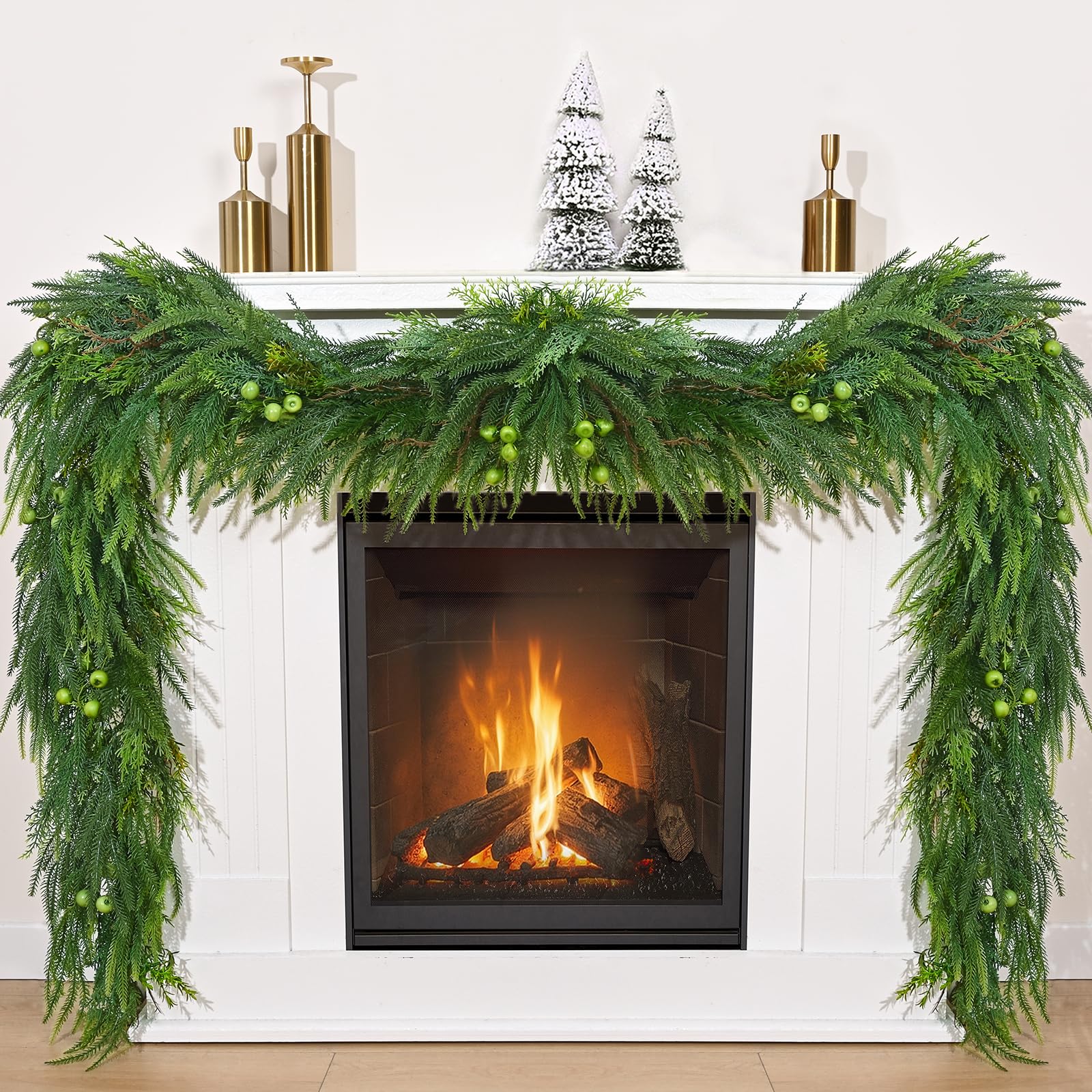 Photo 1 of 12 FT Real Touch Norfolk Pine Garland, Cedar Garland Realistic, Christmas Garland with Lights for Mantle Table Staires Railing Indoor Outdoor Christmas Decor
