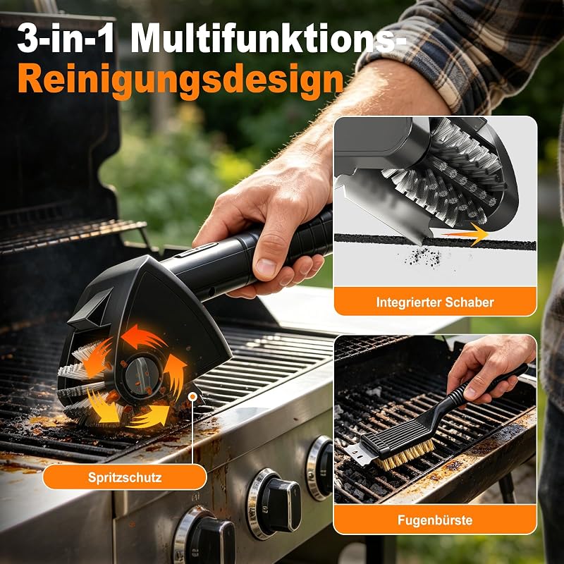 Elektrische Grillbürste Kabellos 4000mAh Akku 304 Edelstahl für Grillrost