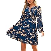 Simplee Womens Spring Floral Mini Dress Long Sleeve Boho Chiffon Short Dress Casual Flowy Fall Wedding Guest Dresses