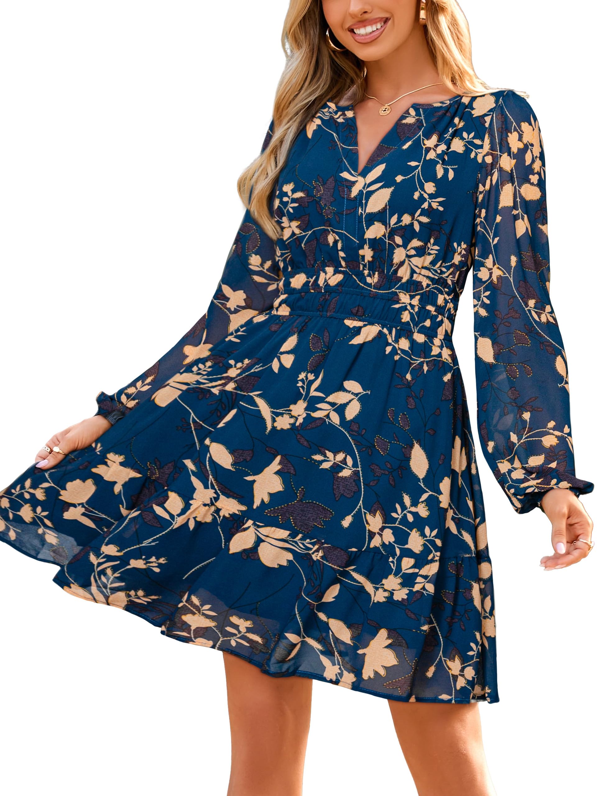 Photo 1 of Simplee Womens Fall Floral Mini Dress 2025 Long Sleeve Boho Chiffon Short Dress Casual V Neck A Line Party Flowy Dresses?Blue Green Leaf S?