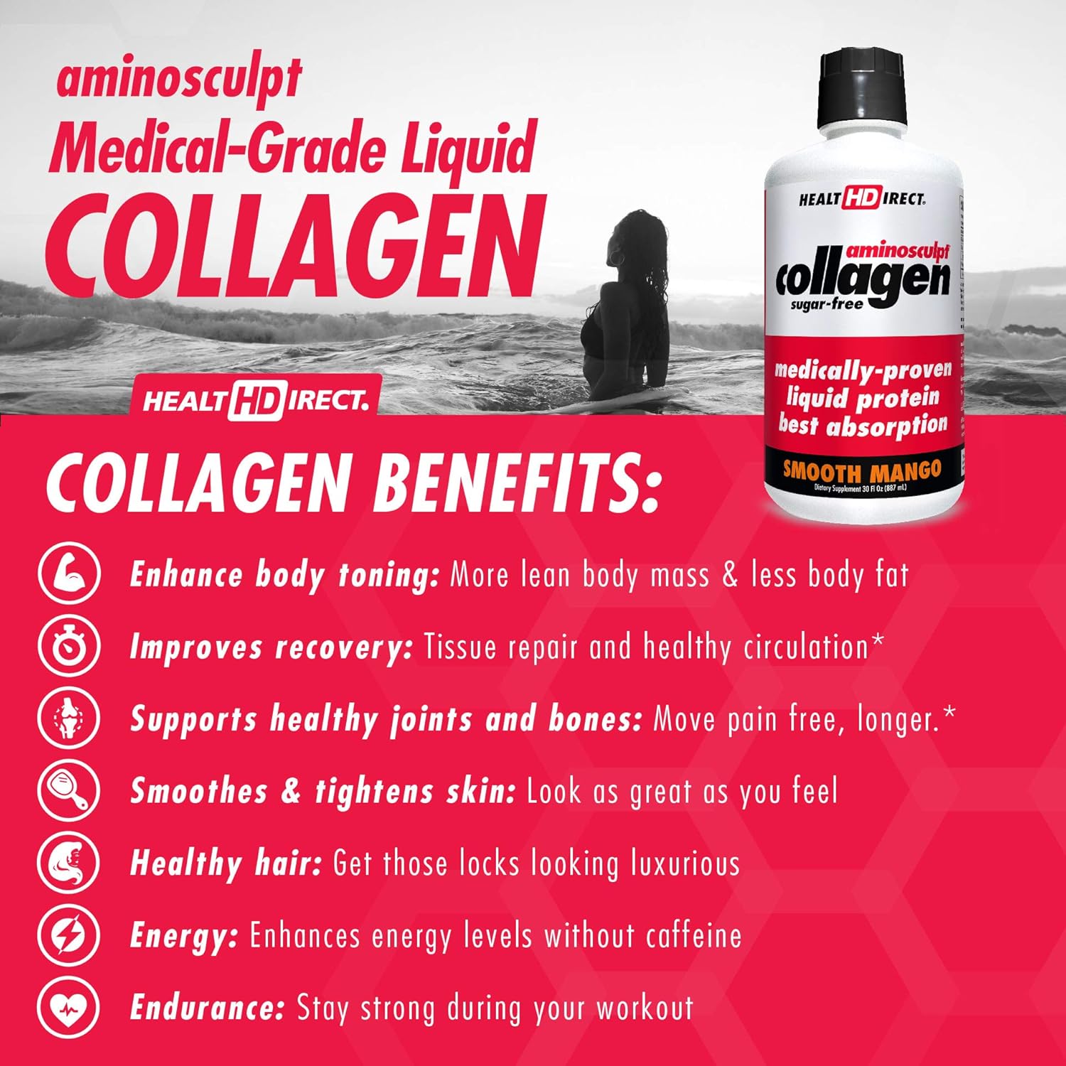 Medical-Grade Liquid Collagen Supplement | AminoSculpt Sugar-Free | 30 Fl Oz | Smooth Mango | Burn Fat | Recovery | Good for Joints, Bones, and Sleep | Better Hair, Skin and Nails: Health & Personal Care