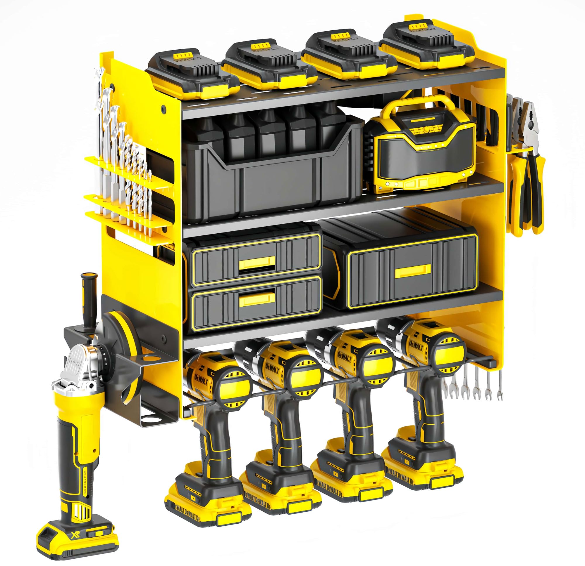 Photo 1 of OTDFJYL Wall Mount Modular Power Tool Organizer & Charging Station - 4 Layer Heavy Duty Garage Storage Shelf with 4 Drill Storage, Screwdriver Holder & Hooks utility Garage, Workshop (Yellow)