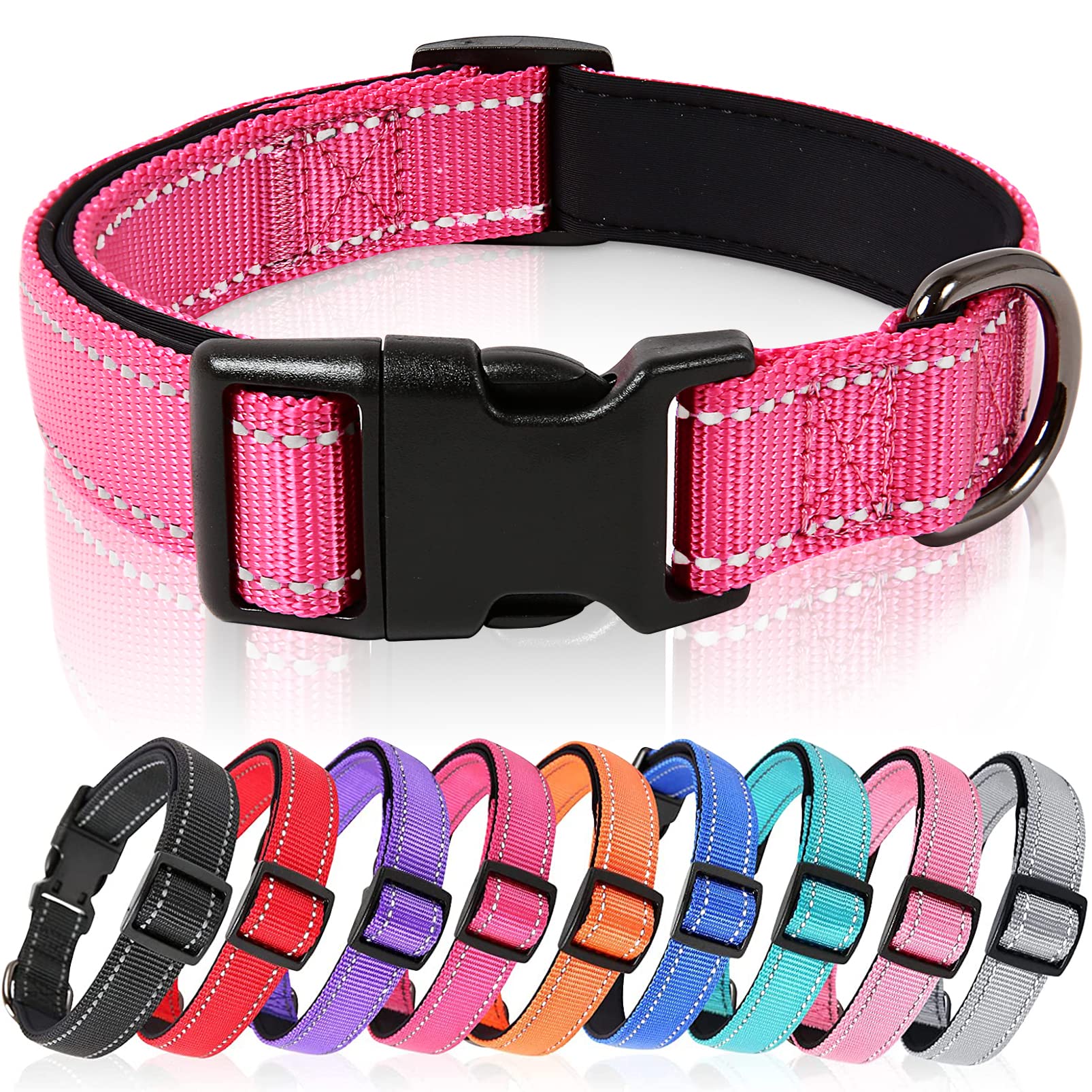 HEELE Dog Collar, Reflective Dog Collar, Soft Neoprene Padded Breathable Nylon Pet Collar Adjustable Lightweight for Small Dogs, Rose, S(26-38cm)