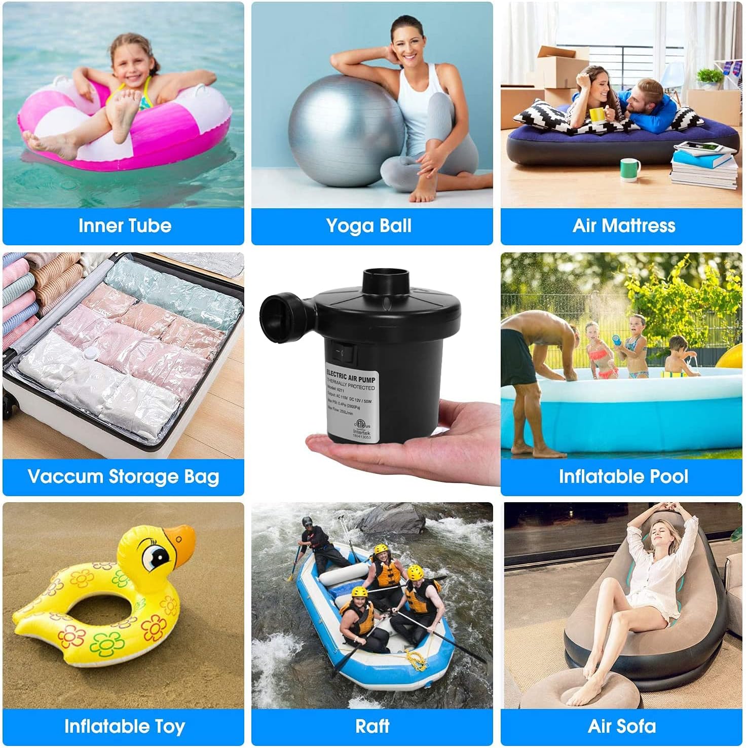 BUYMAX Electric Air Pump for Inflatables 110V AC/12V DC Air Mattress Pump Airbed Boat Pool Raft Inflatable Pool Toys Portable Pump with 3 Nozzles: Sports & Outdoors