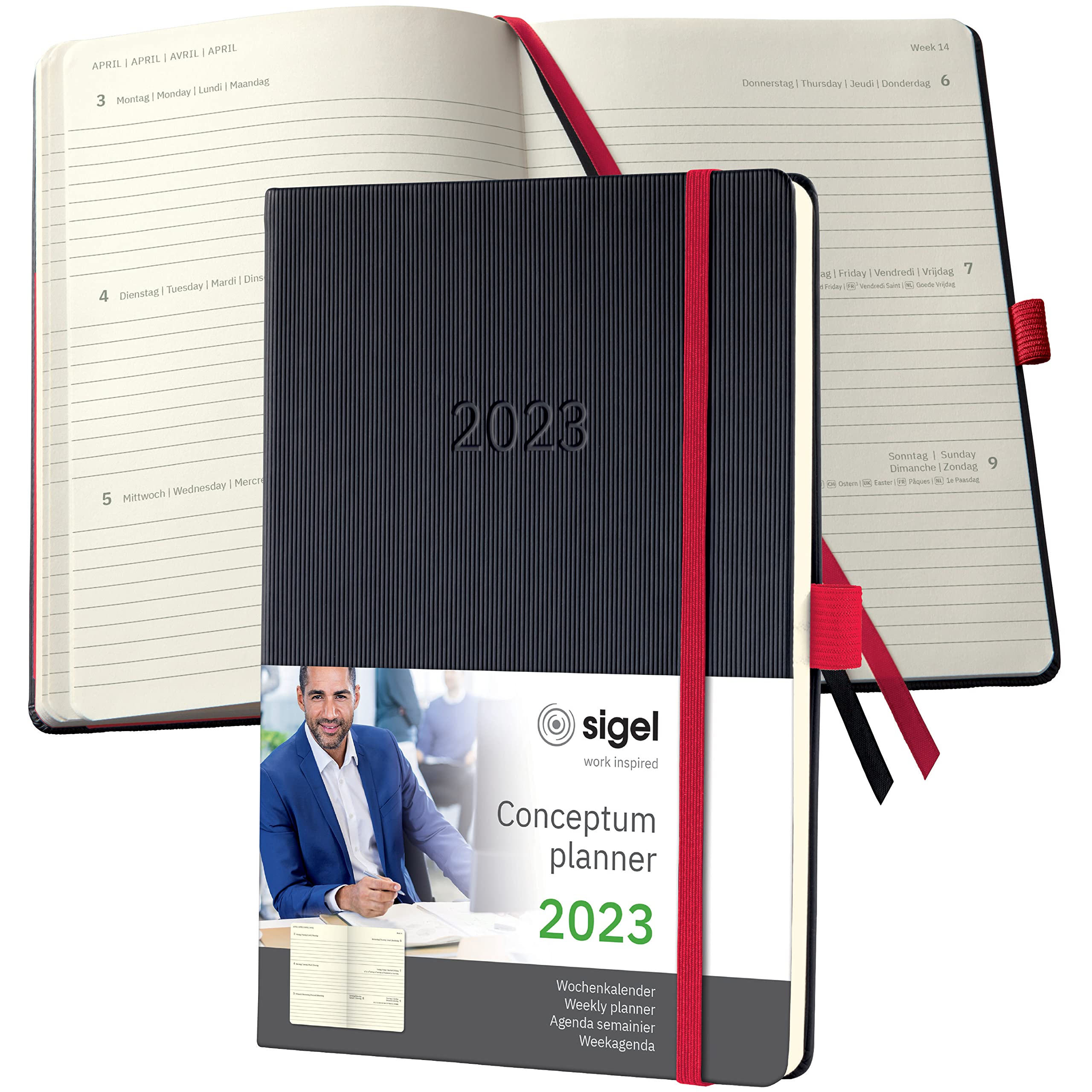 SIGEL C2308 Weekly planner Conceptum 2023 - approx. A5 - black, red - hardcover - 2 pages = 1 week - 192 S.