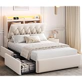 Twin LED Velvet Bed Frame with 2 Storage Drawers&amp;Hidden Headboard, Upholstered Platform Bed with Charging Station&amp;Button Tufted Design, Wooden Slats Support, Box Spring Optional, Easy Assembly, Beige