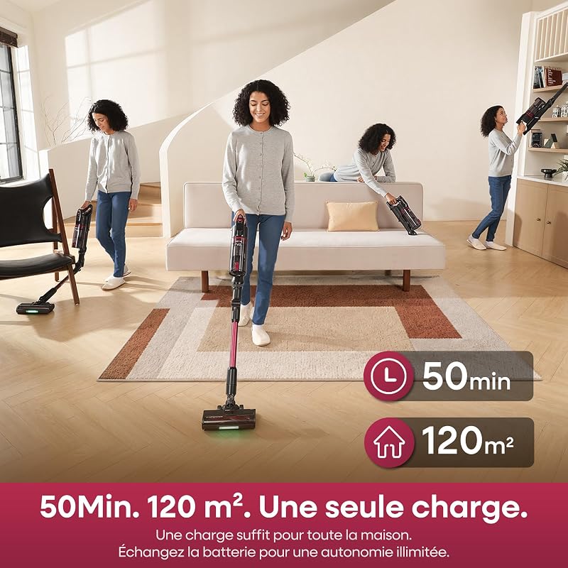 FV3 Aspirateur Balai Sans Fil, 60 kPa/50 Min/120 m², Animaux, Tube Courbé — photo 7 sur 8