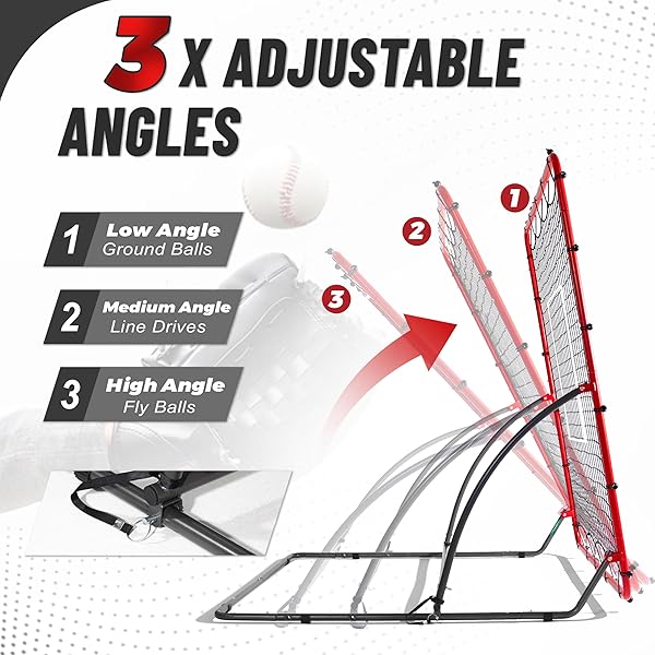 TELURY HEAVY DUTY BASEBALL REBOUNDER NET 4X4.5 FT PITCHBACK WITH 3 ADJUSTABLE ANGLES, BASEBALL AND SOFTBALL BOUNCE BACK NET FOR GROUND, LINE DRIVE, FLY BALL RETURN SETTINGS FIELDING TRAINER (RED)