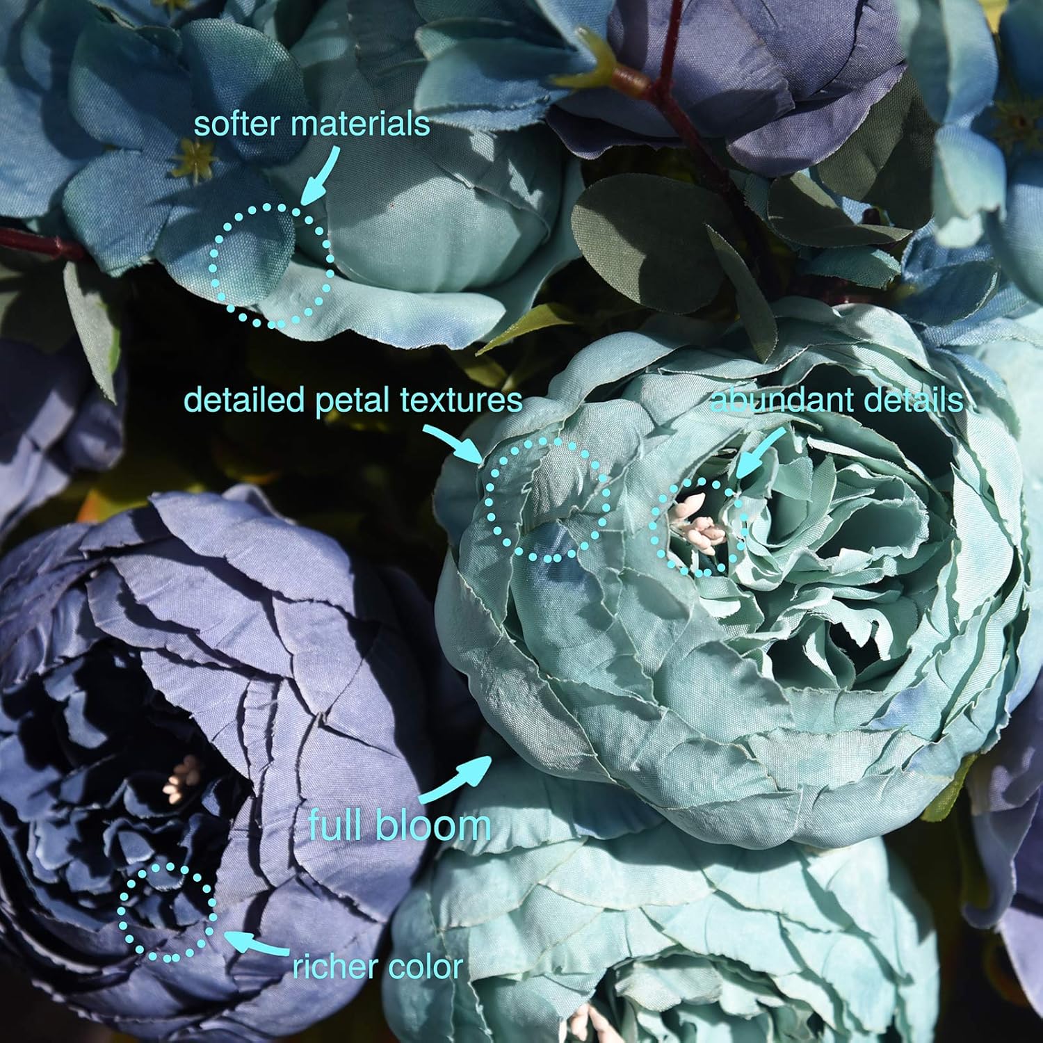 FiveSeasonStuff Mixed Blue Artificial Peony and Hydrangea Bouquet - Image 3