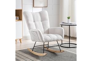 ETCZOYE Nursery Rocking Chair Teddy Upholstered Glider Rocker Rocking Accent Chair with High Backrest Armchair Comfy Side Chair for Living Room, Bedroom, Offices (White)