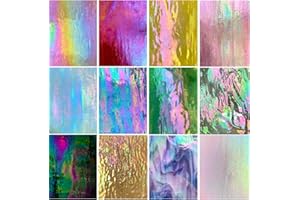 PALJOLLY 12 Sheets High Shine Iridescent Stained Glass Sheet Variety Pack, 4 x 6-inch Iridized Art Glass Mosaic Tiles for Crafts, Stained Glass Supplies for Glass Projects and Mosaic Work