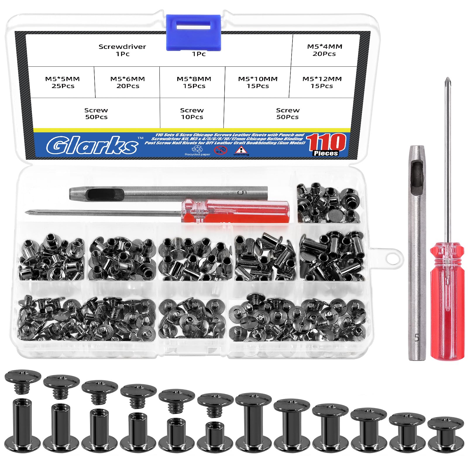 Glarks Chicago Screws, Leather Rivets with Punch and Screwdriver Set, M5 x 4/5/6/8/10/12 mm, Chicago Button Binding, Nail Rivets for DIY Leather Craft, Bookbinding, 110 Sets in 6 Sizes (Gun)