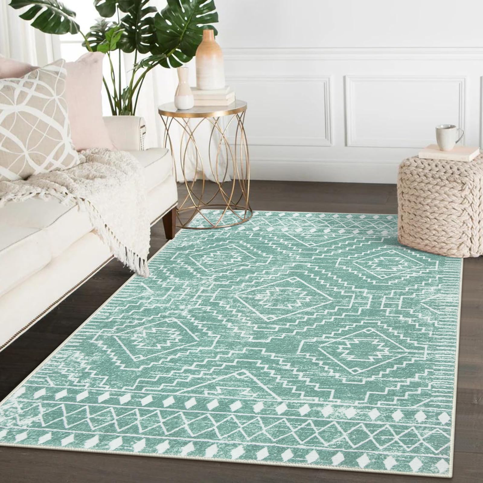 Photo 1 of Wonnitar Moroccan Area Rugs 4x6, Sage Green Boho Rug for Bedroom, Washable Ultra-Thin Living Room Throw Mat, Farmhouse Geometric Soft Print Carpet for Nursery Bathroom Kitchen (Mint Green,4'x6')