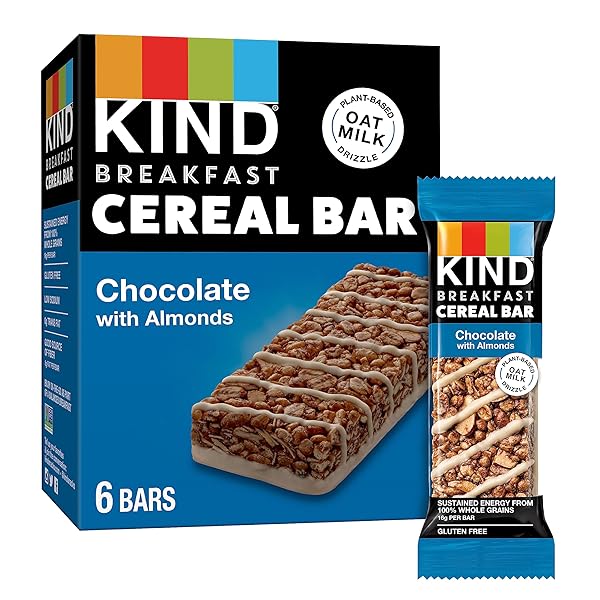 KIND BREAKFAST CEREAL BARS, CHOCOLATE WITH ALMONDS, HEALTHY SNACKS, GLUTEN FREE, 100% WHOLE GRAINS, 3G PROTEIN, 6 COUNT