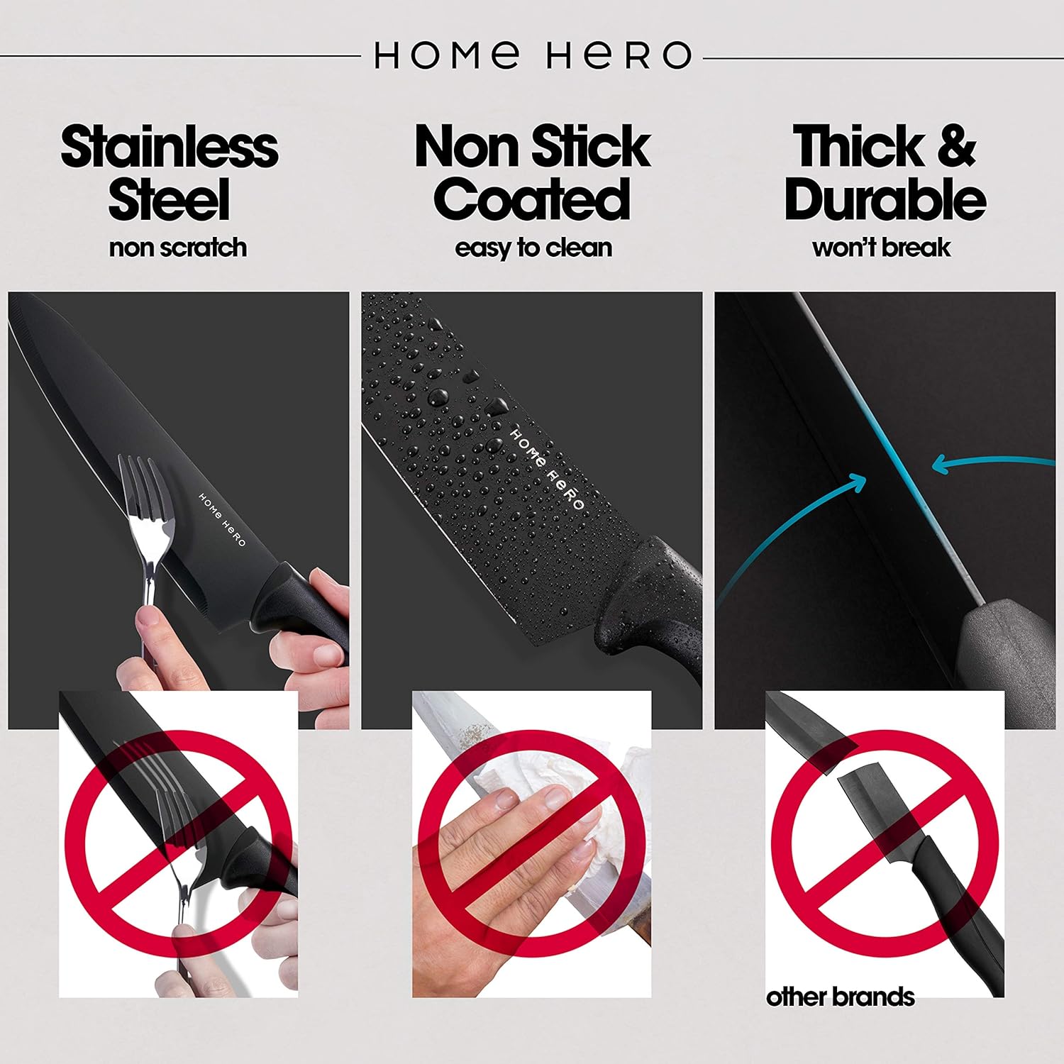 Home Hero Ultra-Sharp Stainless Steel Kitchen Knife Set - Chef Knives Set (7 pcs Set - Black with Knife Block) - Image 5