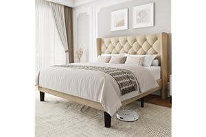 Einhomn Queen Size Upholstered Bed Frame with Wingback Headboard, Fabric Linen Platform Bed, 8" Under Bed Storage, Wooden and