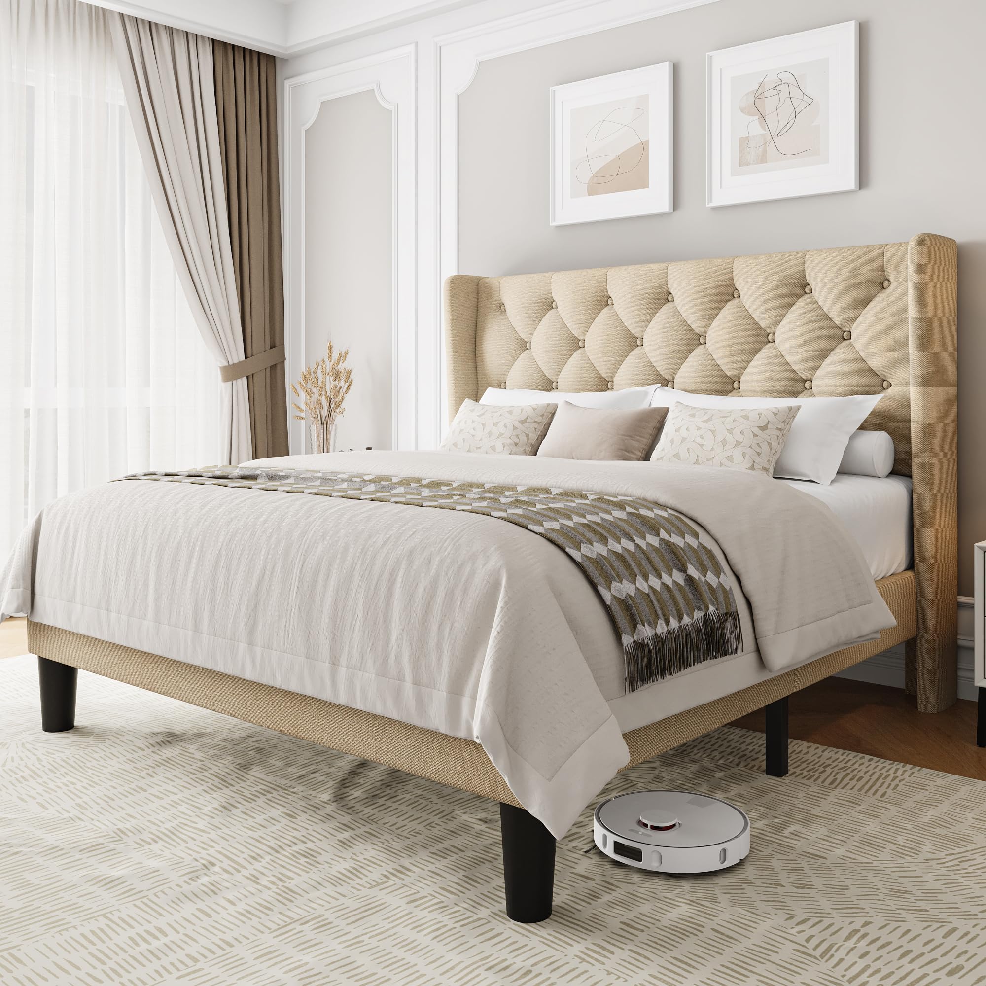 Photo 1 of **reference image**Einhomn Queen Size Upholstered Bed Frame with Wingback Headboard, Fabric Linen Platform Bed, 8" Under Bed Storage, Wooden and Metal Slats Support, Noise Free, No Box Spring Needed, Beige
