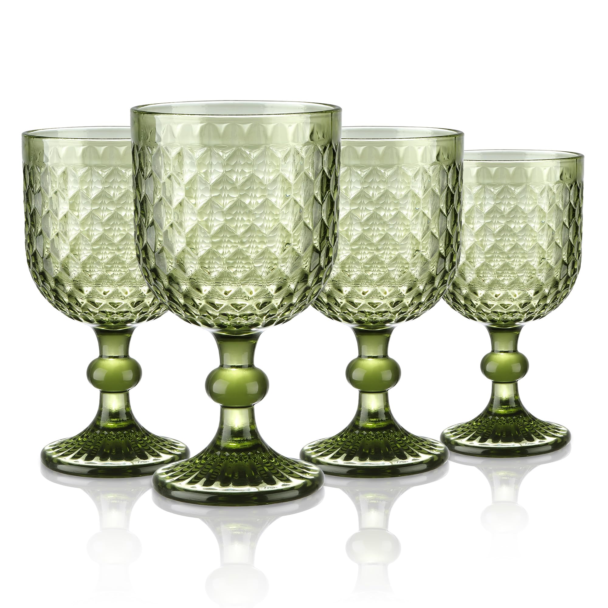 Joeyan 350ml Green Coloured Chunky Goblet Wine Water Glasses Set of 4 with Embossed Diamond Pattern, Thick Heavy Sturdy Vintage Stemmed Glassware for Home Kitchen Party Bar, Dishwasher Safe