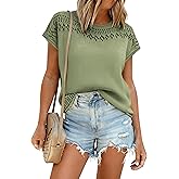 SAUKOLE Womens Spring Cap Sleeve Knitted Shirts Summer Crew Neck Knit Sweater Vest Tops Casual Short Sleeve Blouse