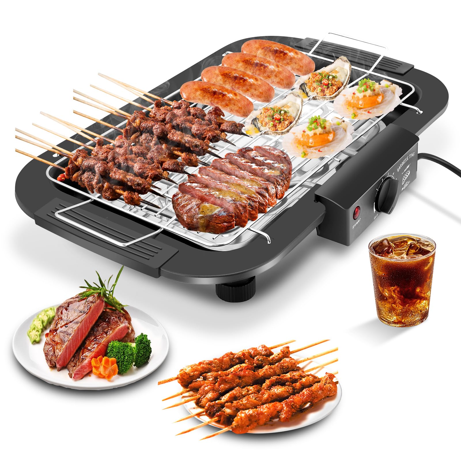 Electric BBQ Grill, 2000W Smokeless Non-Stick Electric Barbecue Grill Indoor/Outdoor with 6 Adjustable Temperature, Detachable Grid Rack and Oil Drip Tray for BBQ Party Dinner Camping Festival