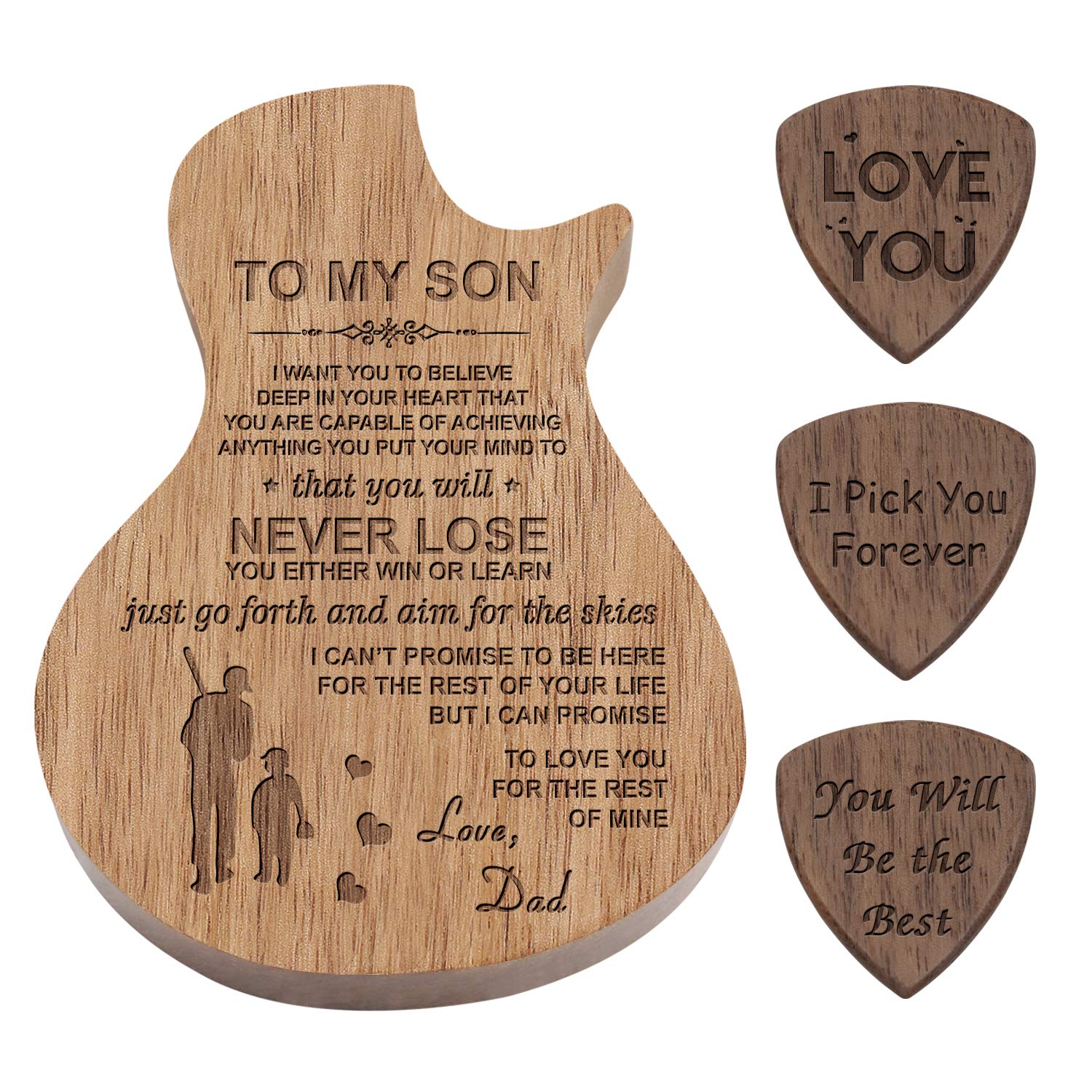Engraved Wood Guitar Pick Box with 3 Pack Wooden Guitar Picks - Graduation or Wedding Gift for Son from Dad