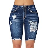 roswear Women's High Waisted Stretchy Denim Bermuda Shorts Ripped Casual Summer Jean Shorts