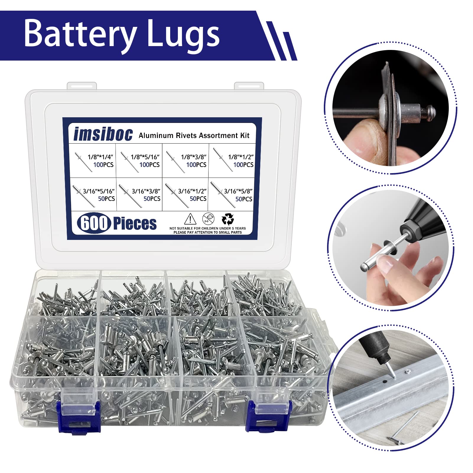 600PCS Aluminum Blind Rivets, 8 Sizes of Pop Rivets Assortment Kit（1/8