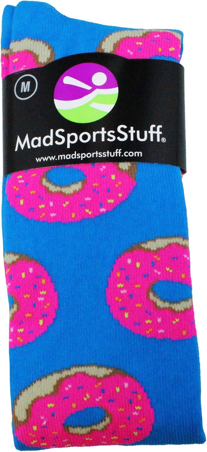 MadSportsStuff Donut Over The Calf Socks (Paradise Blue/Neon Pink, Small) : Clothing