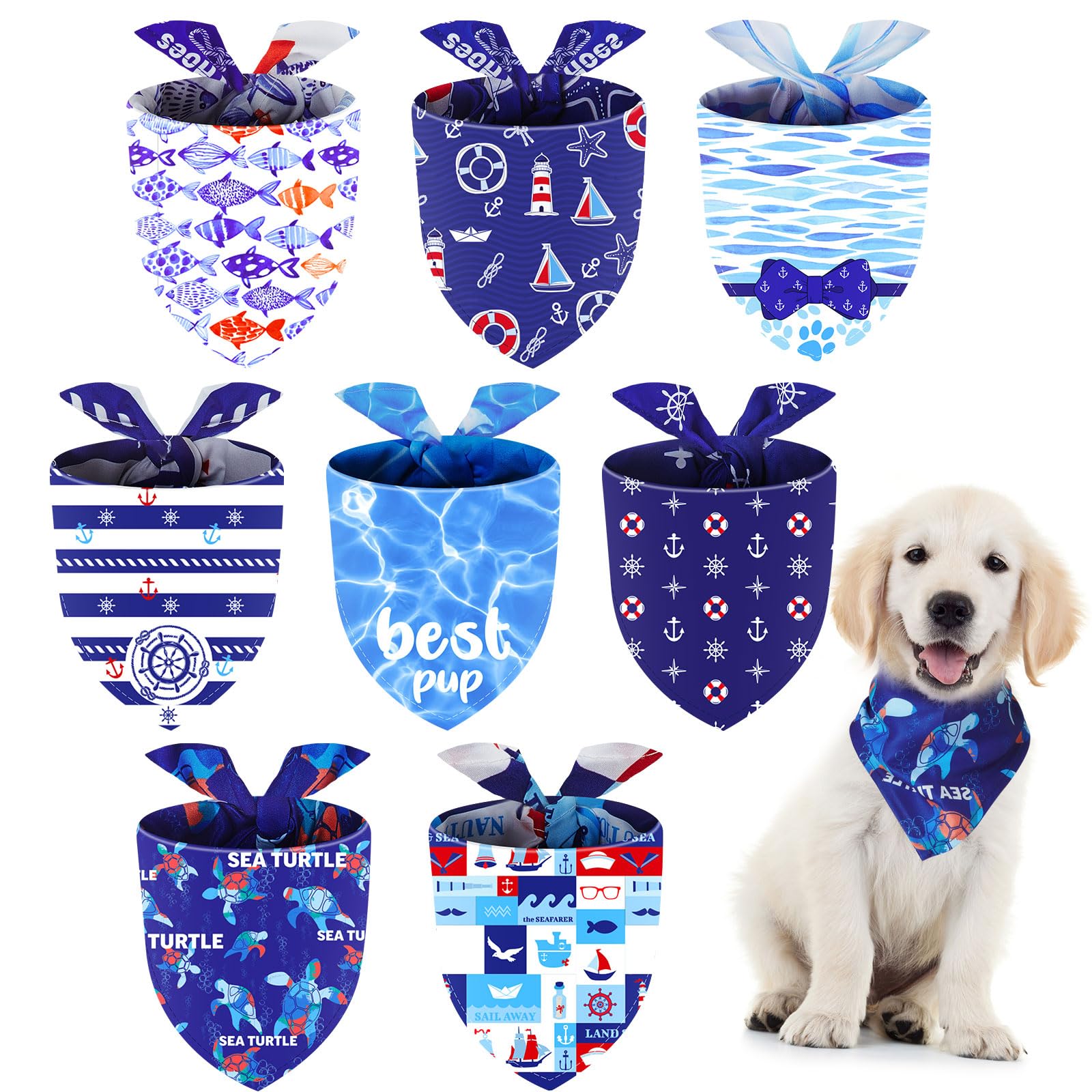 8 Pieces Nautical Pet Bandanas Ocean Pet Triangle Scarf Bibs Puppy Bandanas Adjustable Dog Bandanas Washable Sea Turtle Pet Triangle Scarf Accessories Summer Pet Bandanas for Most Pet Wearing