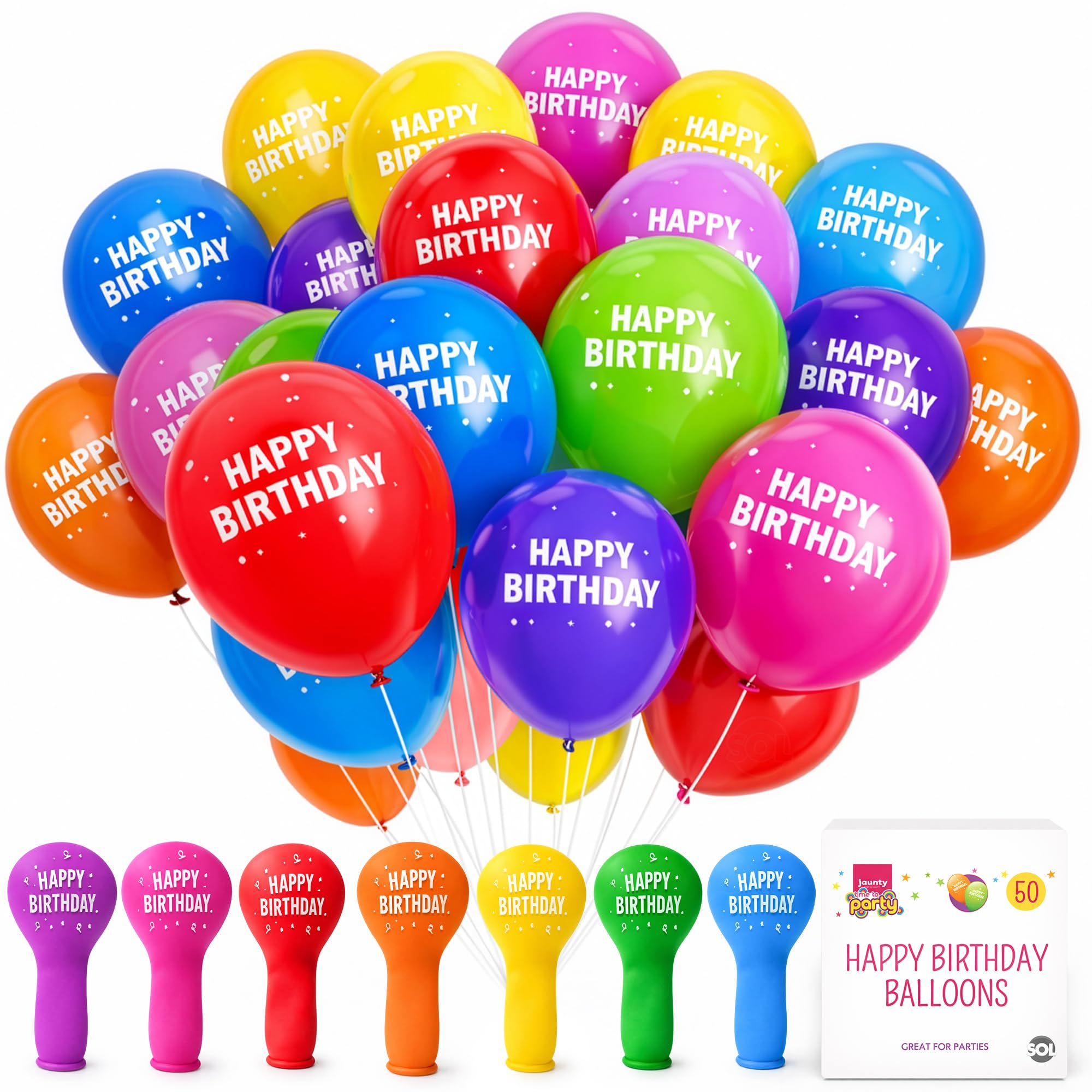 Jaunty 50pk Happy Birthday Balloons Colourful Latex Party Essentials for Women, Kids, Boys, Girls - Arch, Games, Banners, Baby Shower Decorations, Gender Reveal, Engagement Durable Long-Lasting