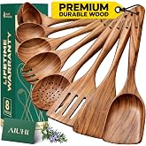 Teak Wood 8-Piece Wooden Utensils for Cooking, Spoons &amp; Spatulas | Solid One-Piece Teak Wood, Glue-Free and Smoothly Finished for Durability, Gentle on Nonstick Cookware for Everyday Cooking