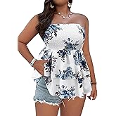 SOLY HUX Women's Plus Size Tube Tops Floral Print Shirred Strapless Sleeveless Peplum Ruffle Top