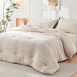 HYMOKEGE Beige Twin Comforter Set Seersucker 5