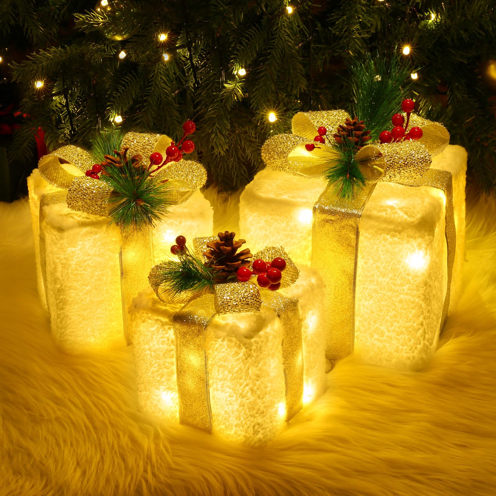 Quntis Set of 3 Light Up Present Boxes, 60 LEDs Christmas Decorations Parcels Lights, Illuminated White Snow Present Lights Gift Boxes Christmas Tree Decorations Indoor Xmas Fairy Lights Decor