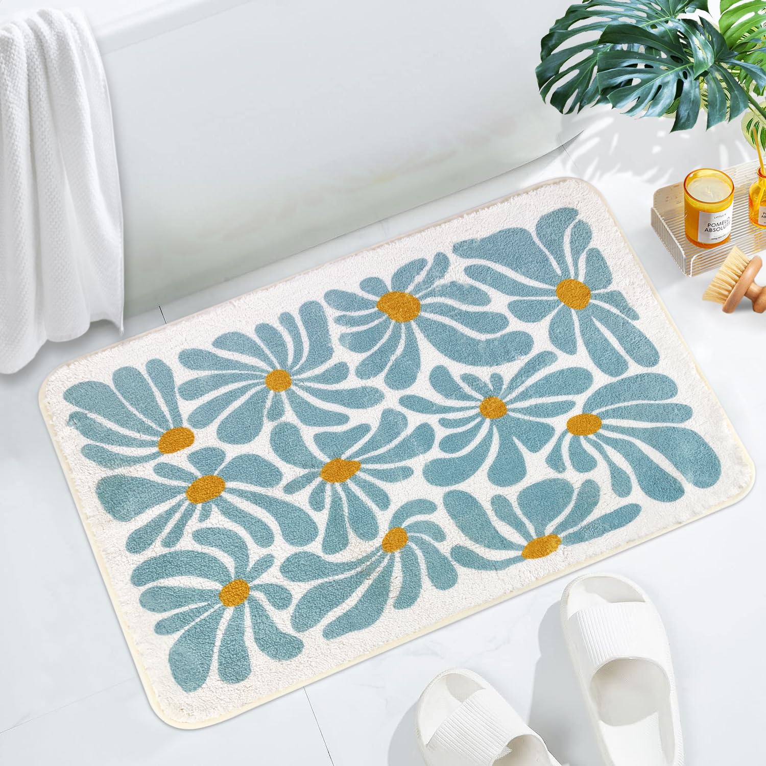 Photo 1 of SHIYUE Bathroom Mat Cute Flower Bath Rug, Soft Cozy Microfiber Slip Floor Carpet Decor Absorbent Washable?Bedroom Bathtub Shower(21x30in Teal)