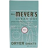 MRS. MEYER'S CLEAN DAY Dryer Sheets, Fabric Softener, Reduces Static, Infused with Essential Oils, Basil, 80 Count