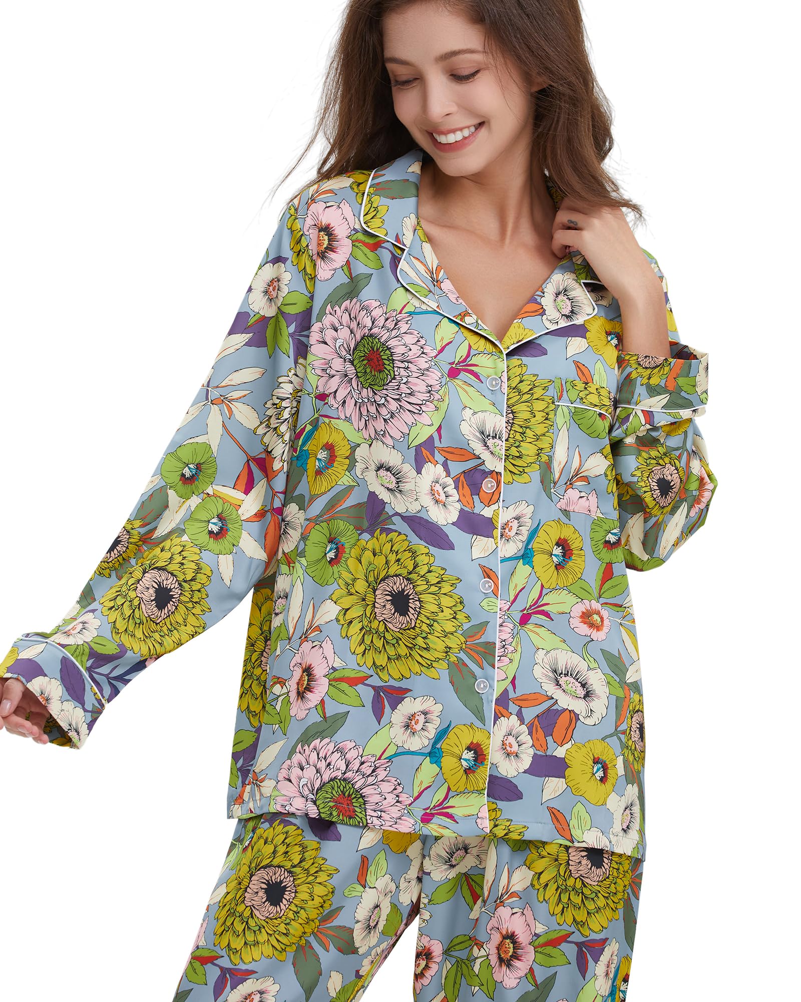 YiNi LuLu Womens Silk Satin Pajamas Set Button Down 2 Piece Pjs Long Sleeve Oversized Sleepwear with Pockets