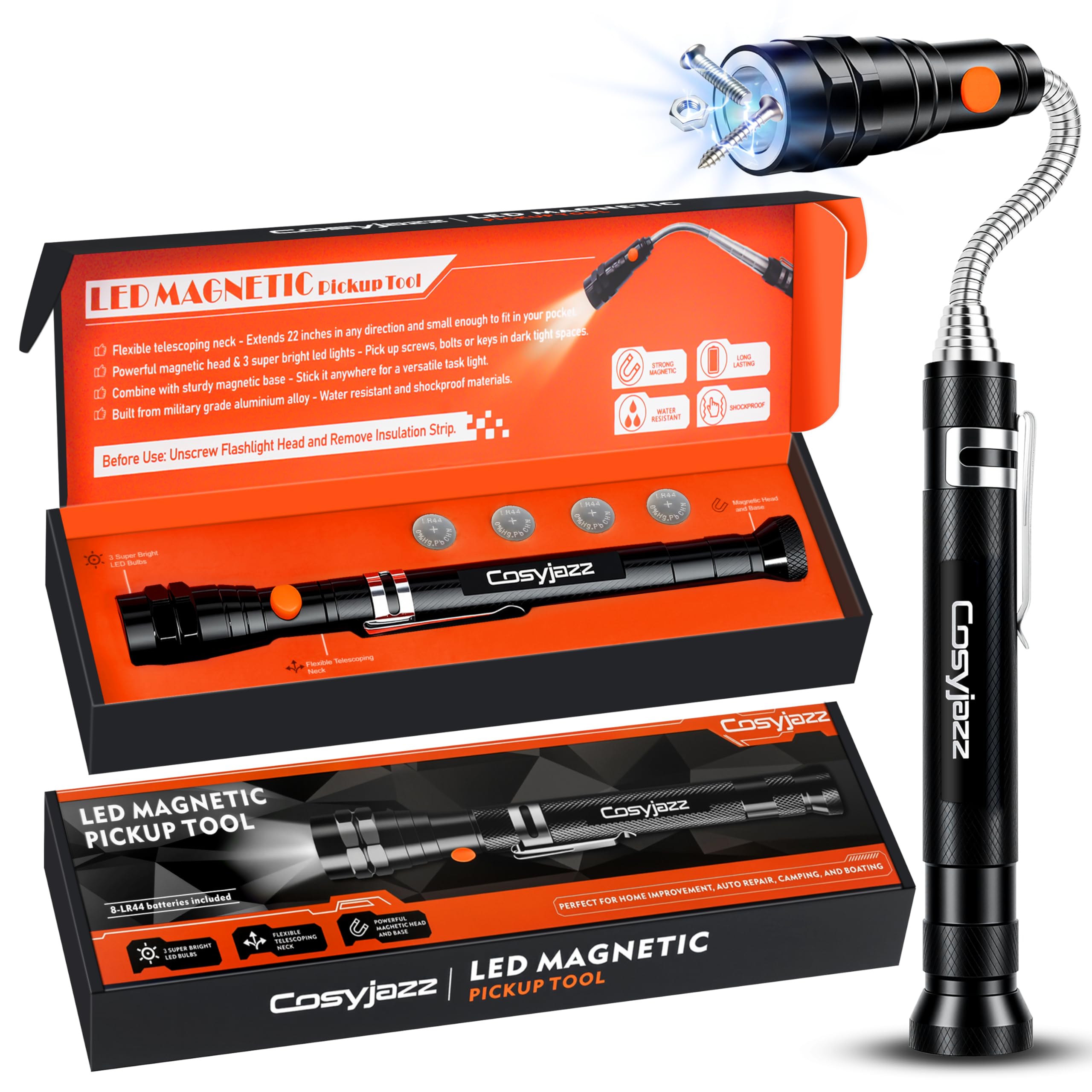 Magnetic Pickup Tool, Cosyjazz Magnetic Flashlight Telescoping Magnet with LED Flashlight and Extendable Neck, Cool Gadget Birthday Gifts for Men, Dad, Husband, Mechanic, Tech, Handyman