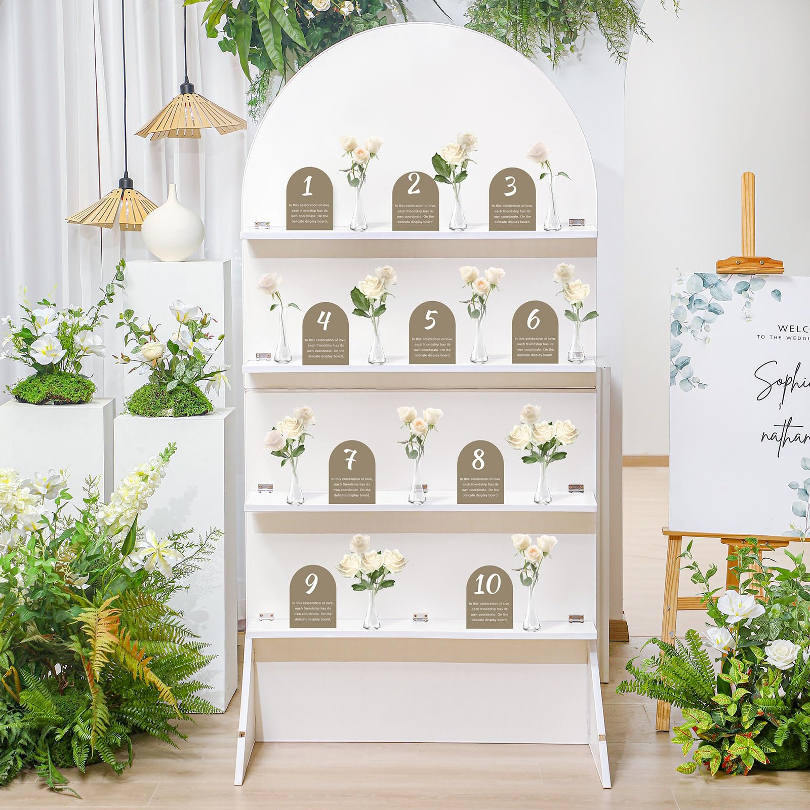 Photo 1 of LOYIM 5.9 ft Wooden Arch Party Display 4 Tier Champagne Wall Foldable Treat Wall Display Backdrop Wedding Drink Shelves for Wedding Birthday Event Party Decor