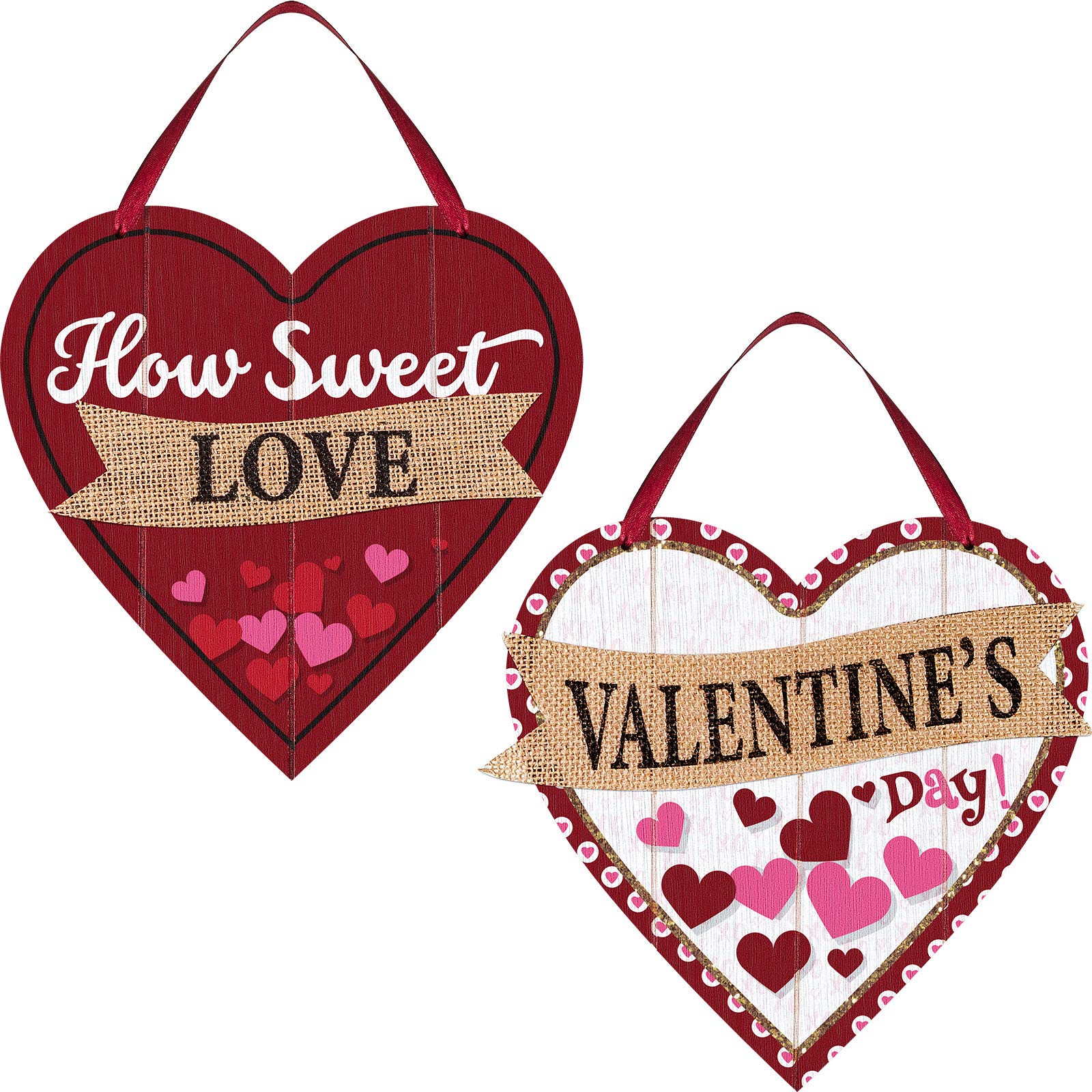 Patelai 2 Pieces Valentine's Day Wooden Heart Wall Plaque Decoration Red Heart Hanging Sign 9.5 x 9.5 inches
