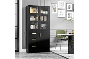 HIFIT Tall Storage Cabinet with 2 Glass Display Door & Shelves & 3 Drawer, 67"H Tall Kitchen Pantry Cabinet with Gold Handles, Modern Linen Cabinet Freestanding for Bathroom, Dining Living Room, Black