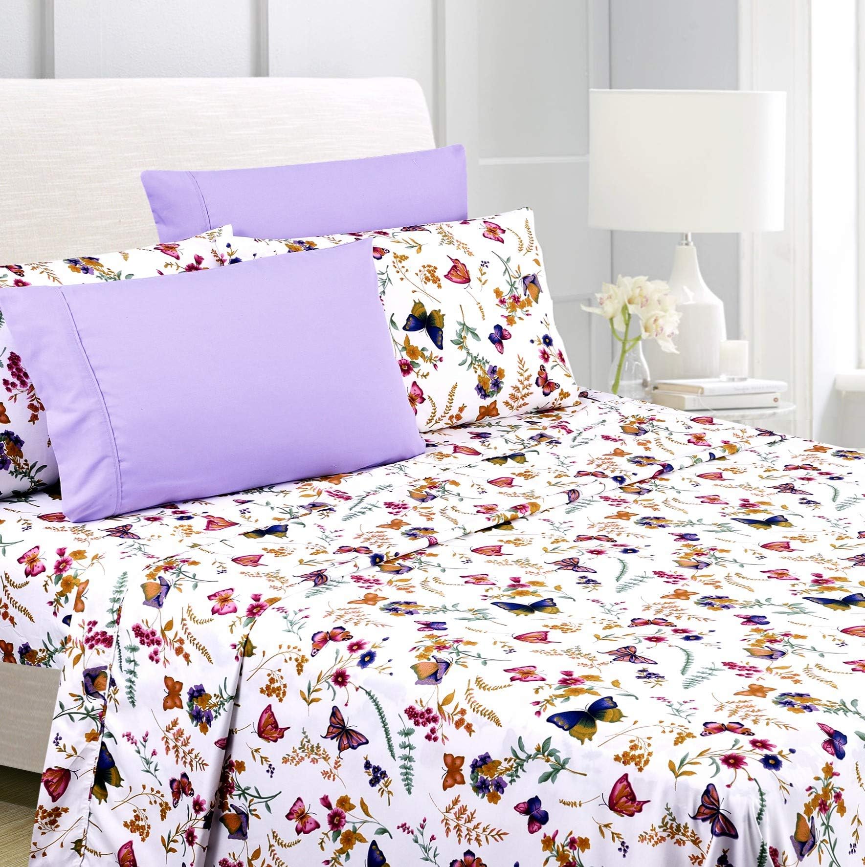 American Home Collection 6 Piece Bed Sheet Set Super Soft Brushed Microfiber - 14" Deep Pocket - Wrinkle Resistant - Hypoallergenic (King, Purple Butterfly)