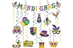 LAIRYAN 25PCS Mardi Gras Hanging Swirls Decorations Set, Pre-Assembled Mardi Gras Decorations Include Mardi Gras Banner & Double-Sided Hanging Swirls for Carnival New Orleans Masquerade Party Decorations